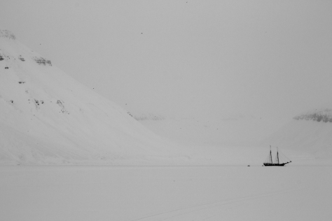 Svalbard_Tunabreen_ship_bw